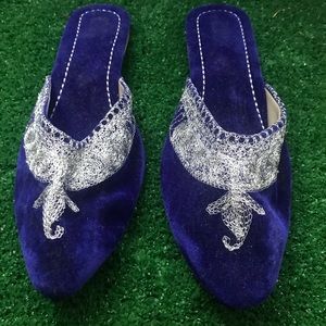 Velvet Blue and silver mules. Not in stores